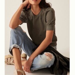 NWOT T.La Puff Sleeve Pullover Green XS Tiny Black Stars Short Sleeve Sweatshirt